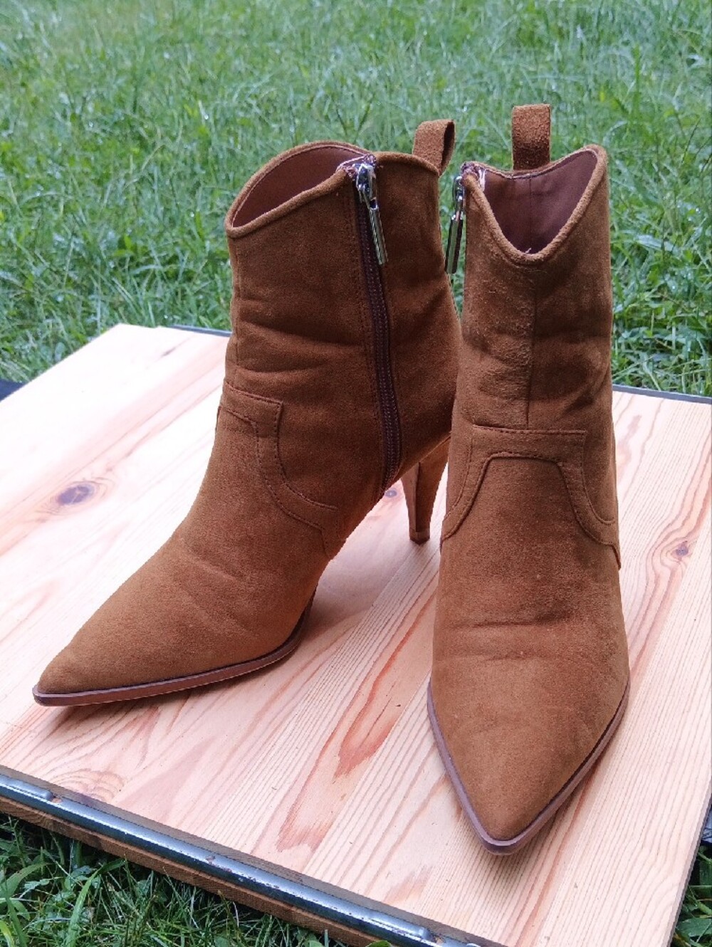 Zara Suede Pointed-Toe Ankle Boots in Tan Brown